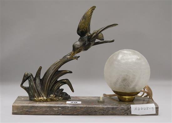 A Kingfisher Art Deco lamp width 30cm height 24cm